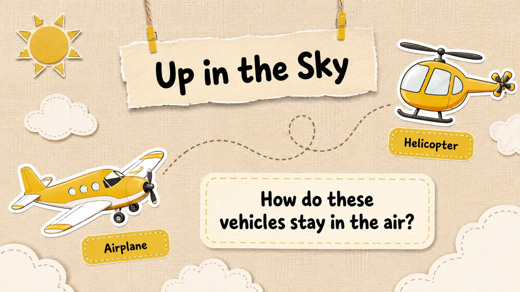 Preschool air transportation slide showing an airplane and helicopter among scrapbook-style clouds.
