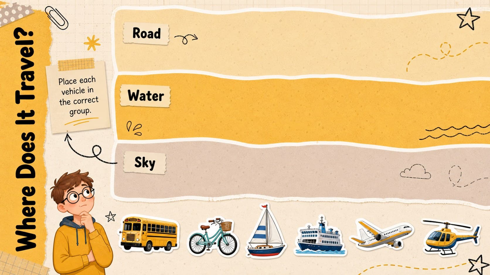 Transportation sorting activity slide with road, water, and sky zones for preschool learners.
