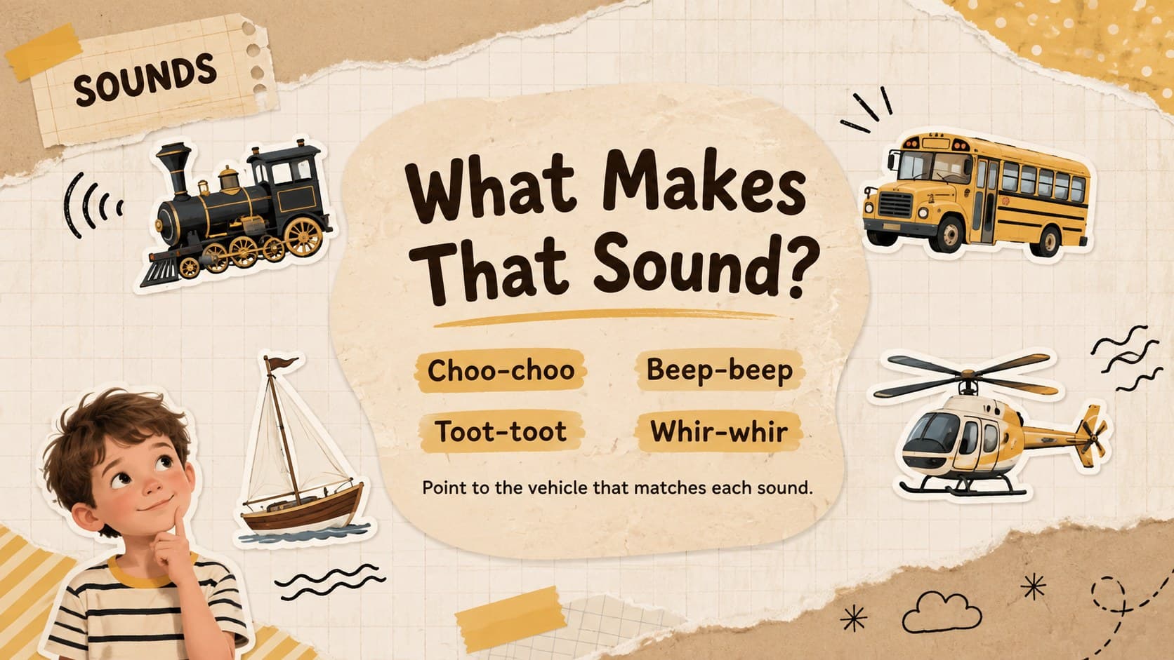 Interactive preschool vehicle sound activity with visual clues for a train, car, boat, and helicopter.