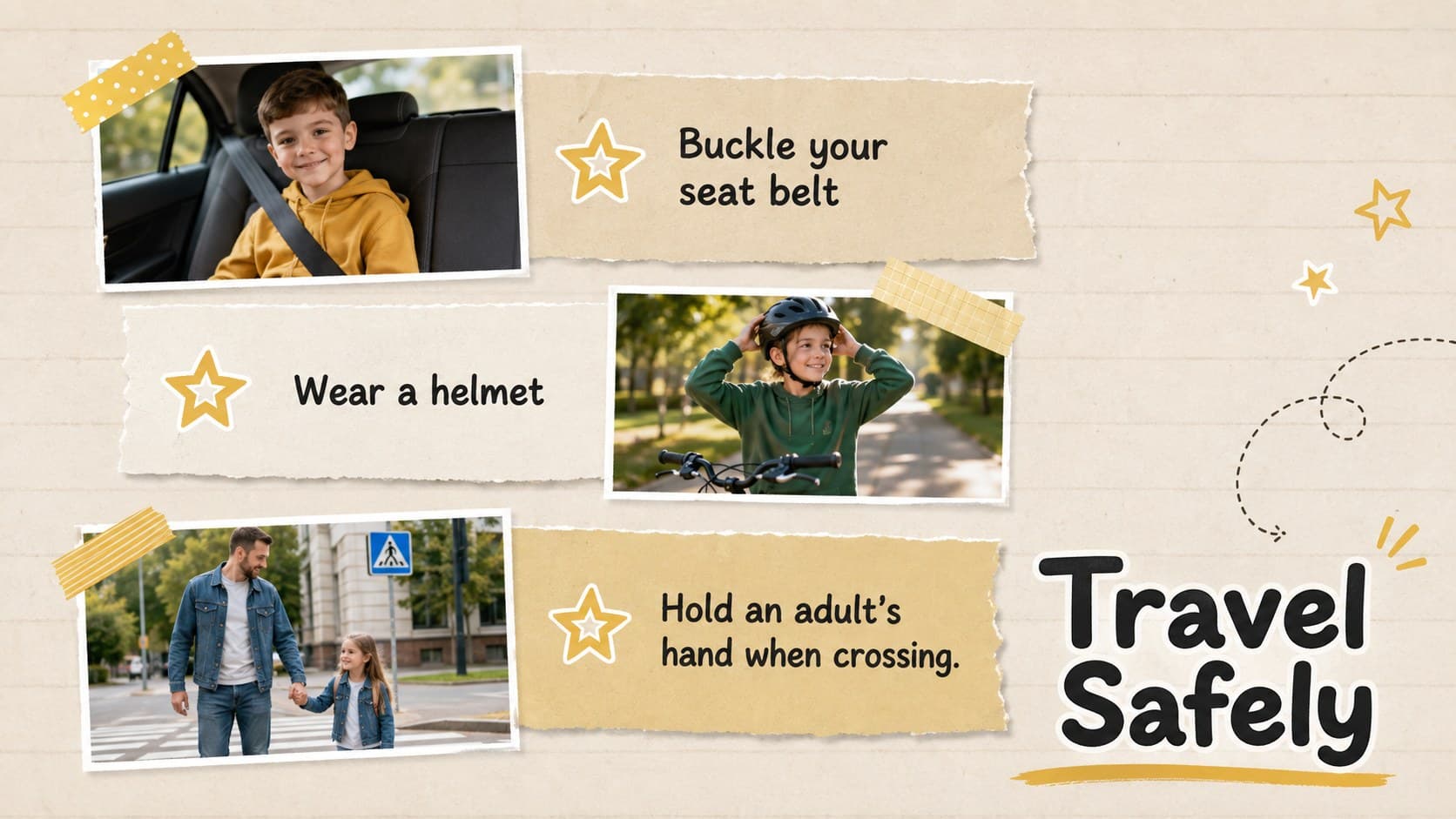 Preschool transport safety slide illustrating seat belts, helmets, and careful street crossing.