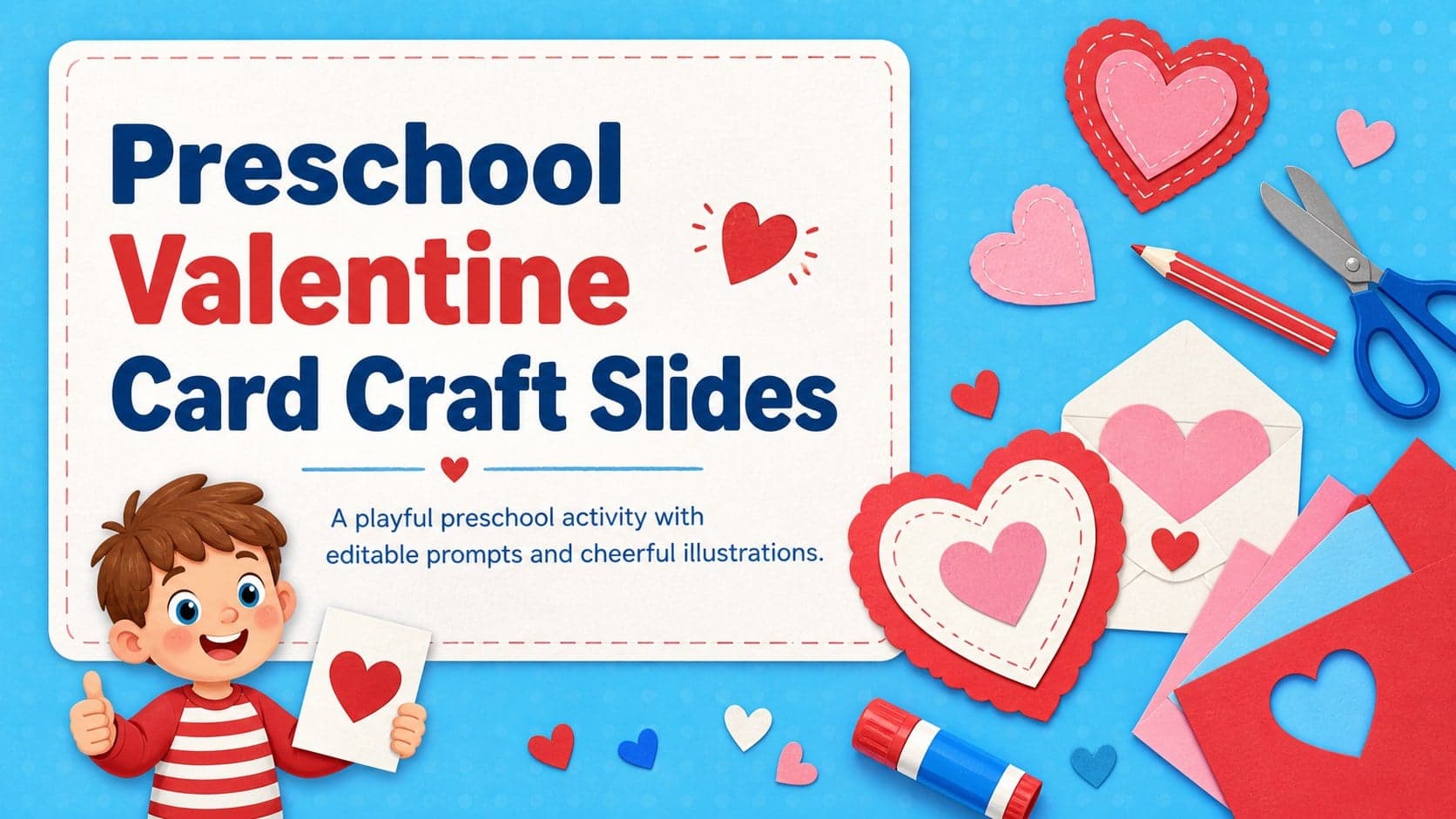 Cover of Preschool Valentine Card Craft Slides with playful hearts, craft decorations, and a bright blue-and-red preschool design.