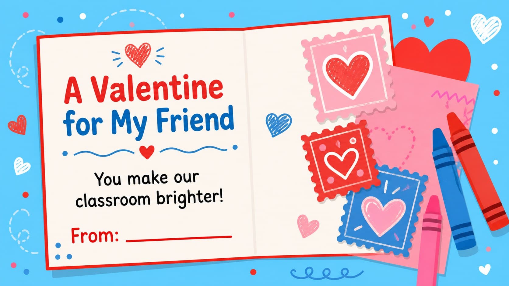 Editable Valentine card classroom slide with a friendly greeting, name space, hearts, and preschool craft illustrations.