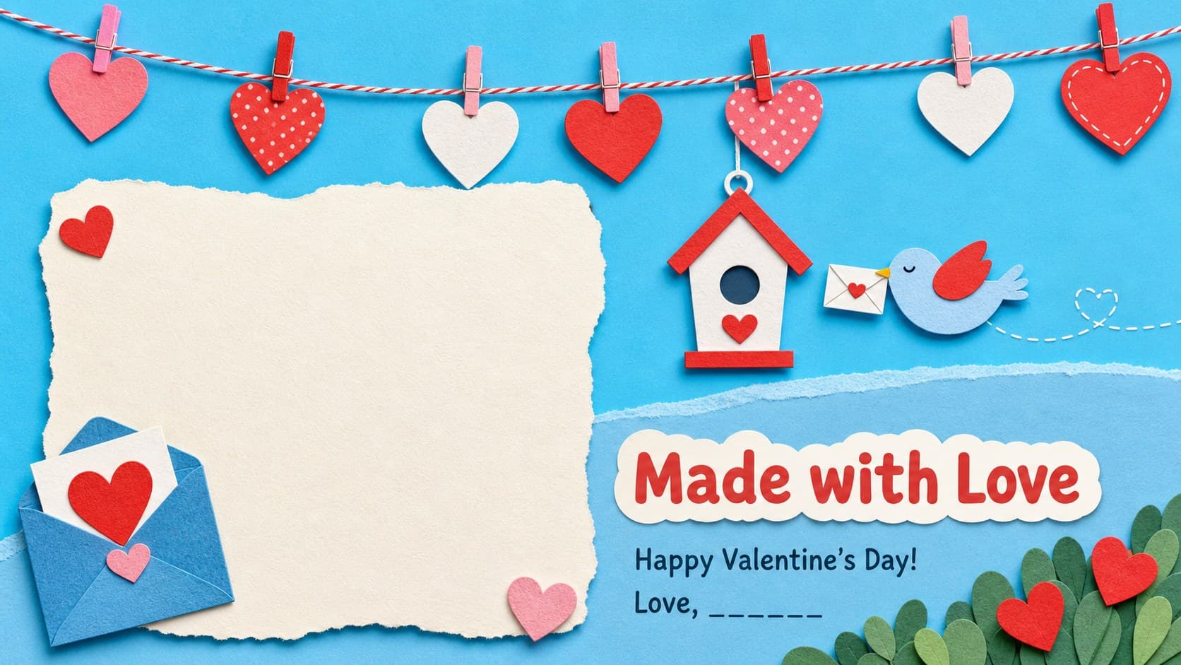Closing slide for printable Valentine card slides with a thank-you message, heart garland, and space for a child's name.