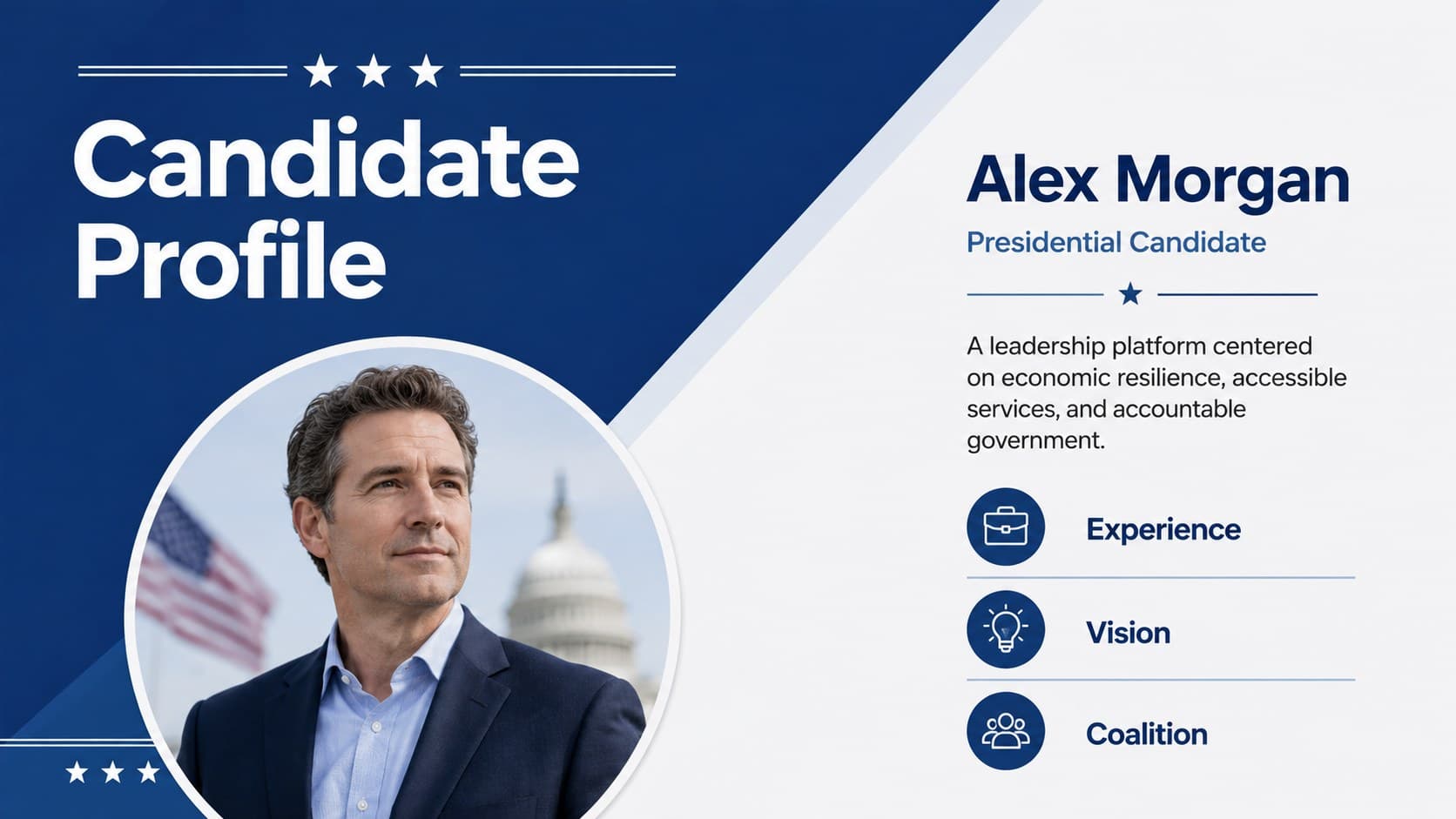 Presidential candidate profile slide presenting leadership themes and campaign priorities.
