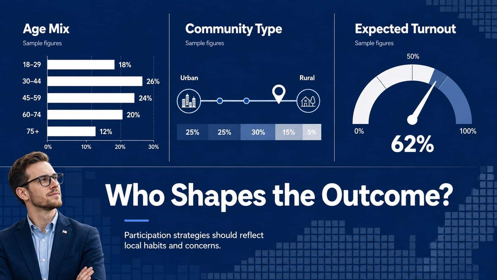 Voter demographic analysis slide with age, location, and participation charts.