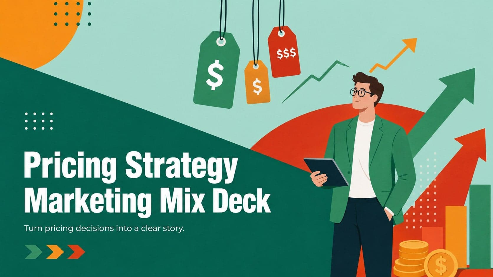 Cover of the Pricing Strategy Marketing Mix Deck with bold green, red, and orange illustrated accents.