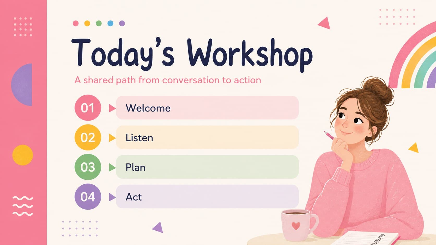 Workshop agenda slide outlining welcome, discussion, planning, and action steps in a rainbow geometric design.