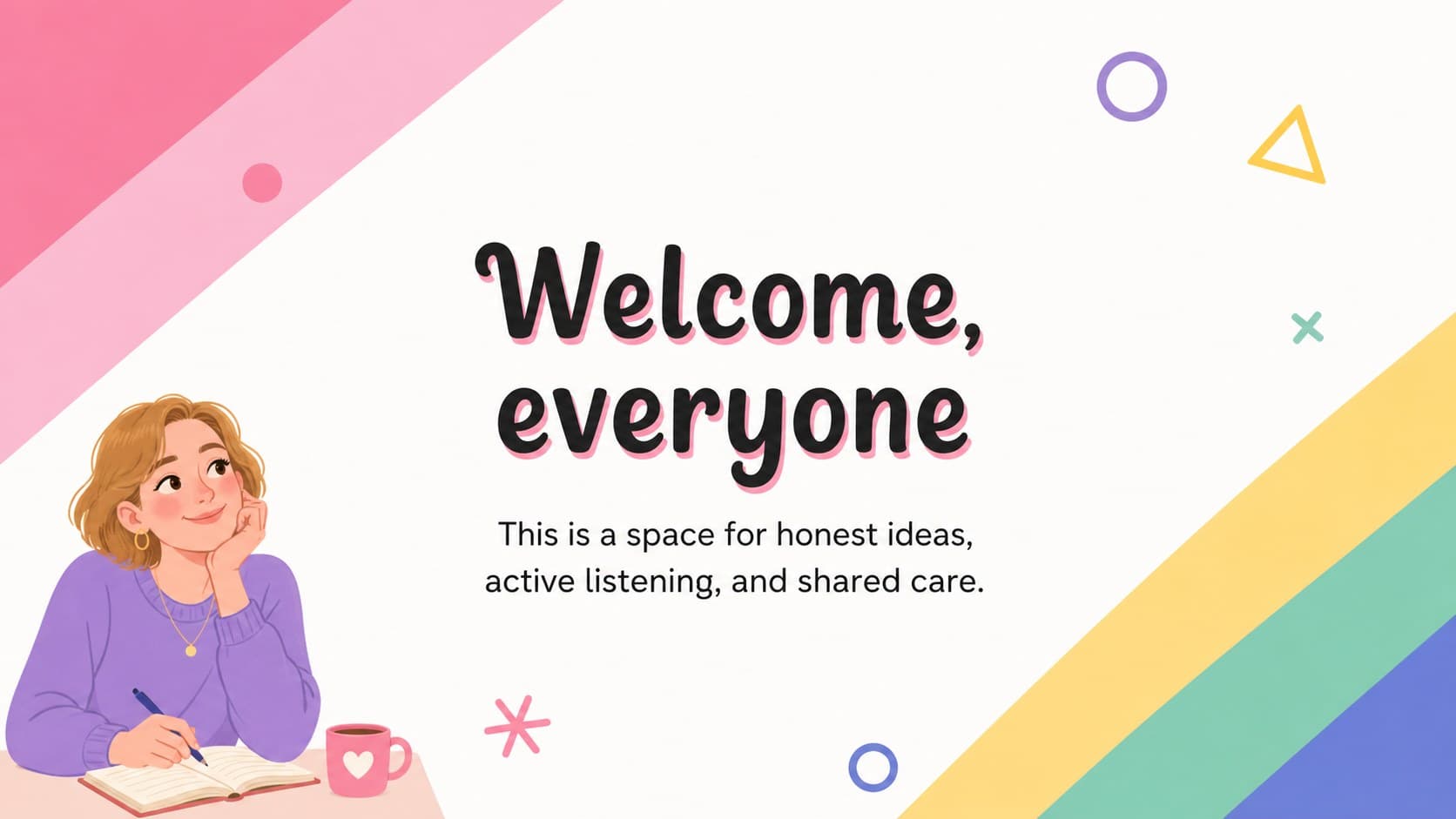 Community welcome slide with a friendly message, abstract rainbow forms, and soft pink background.