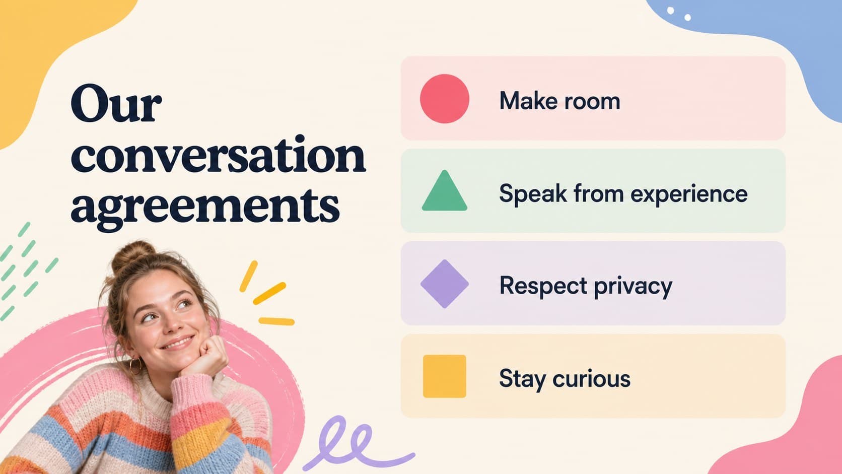Community guidelines slide showing four principles for respectful and inclusive discussion.