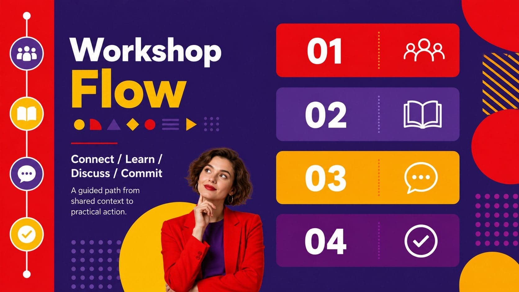 Agenda slide outlining an inclusive dialogue workshop flow in a red and purple presentation design.