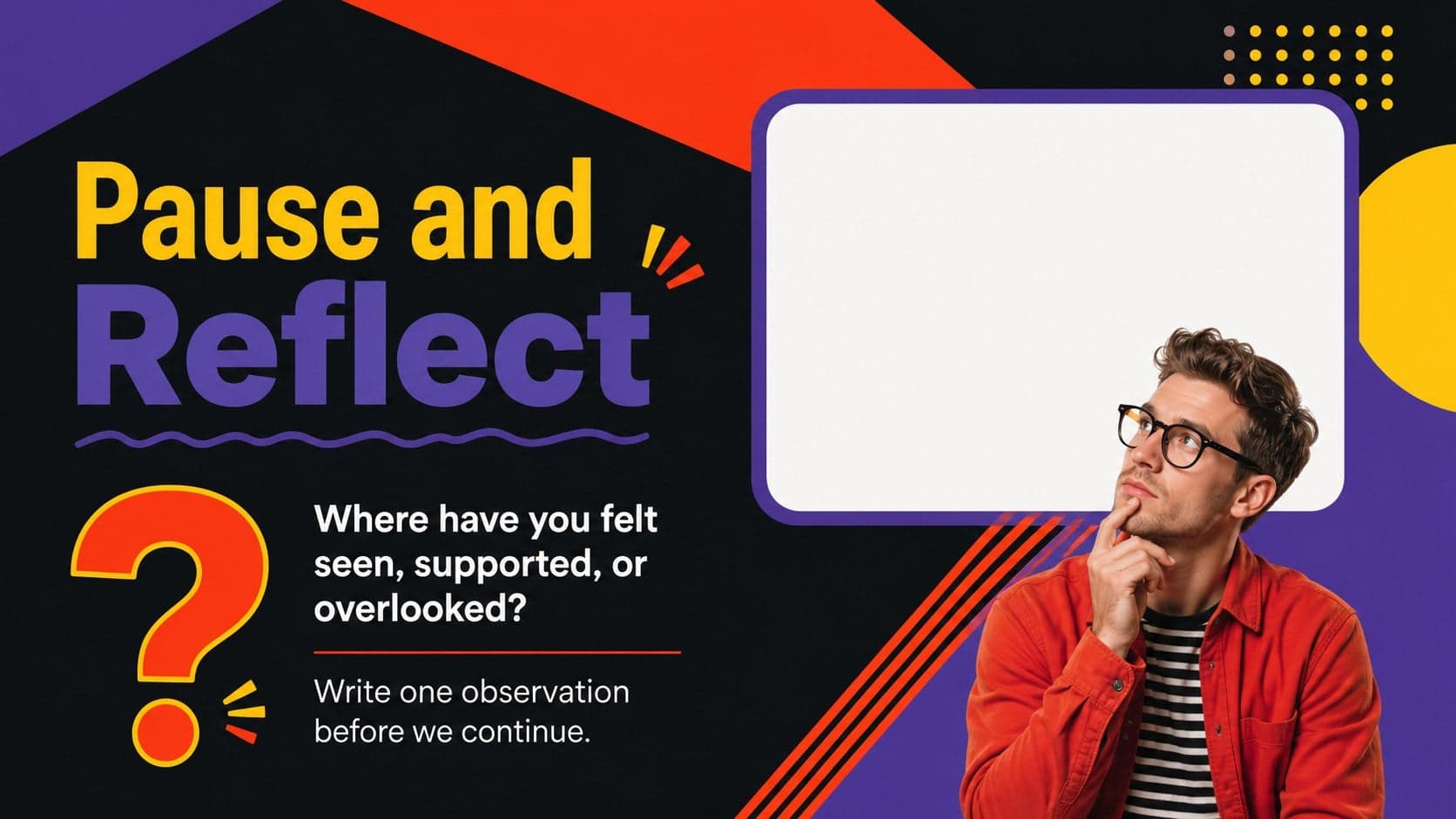 Reflection prompt slide inviting participants to consider belonging and visibility.