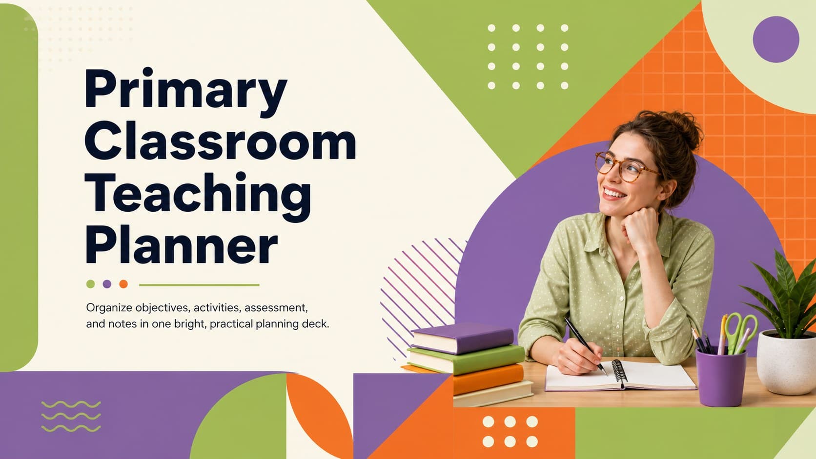 Cover of the Primary Classroom Teaching Planner with green, purple, and orange geometric classroom graphics.