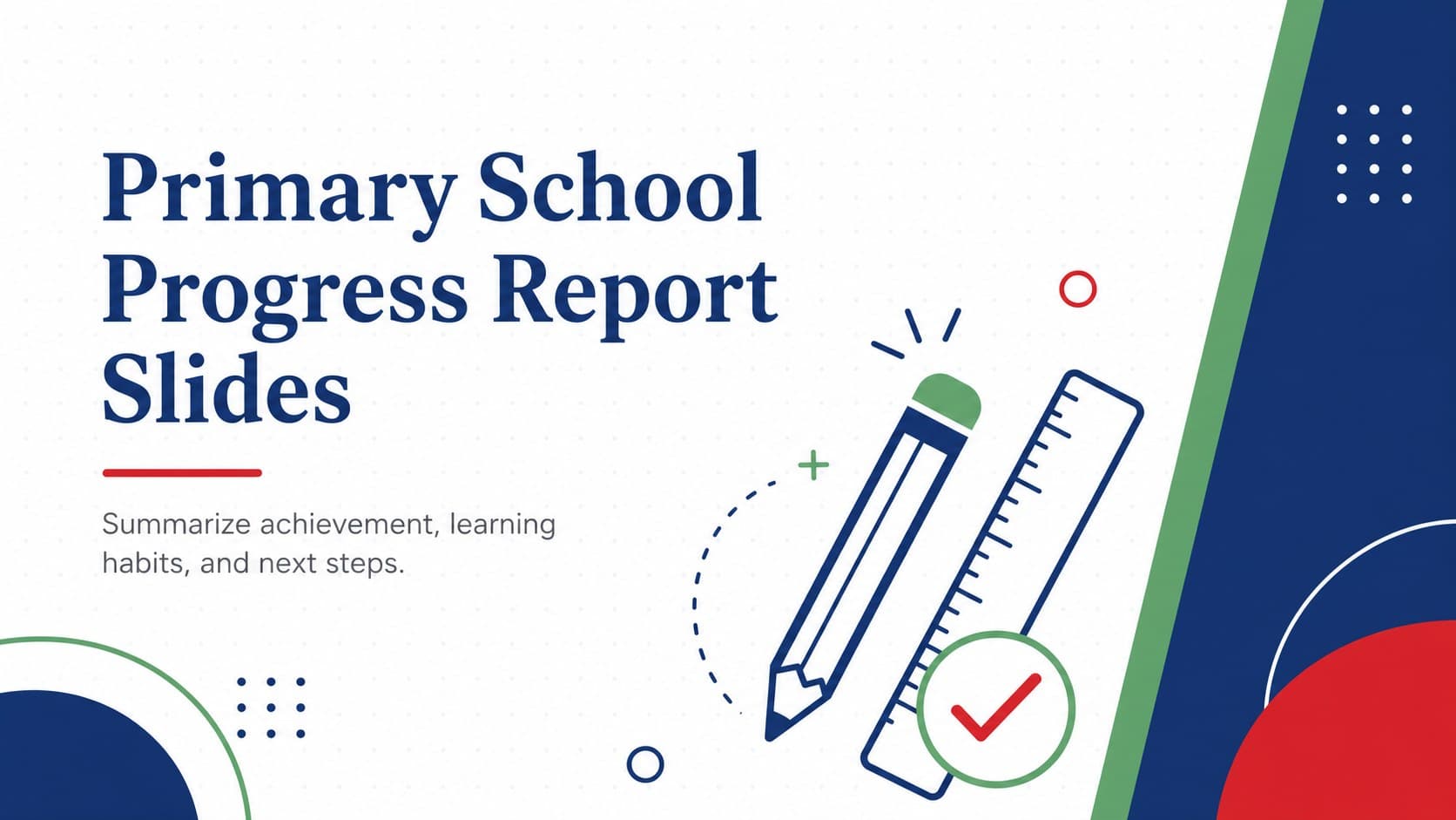 Cover for Primary School Progress Report Slides with colorful minimalist shapes and a clean teacher-friendly title layout.