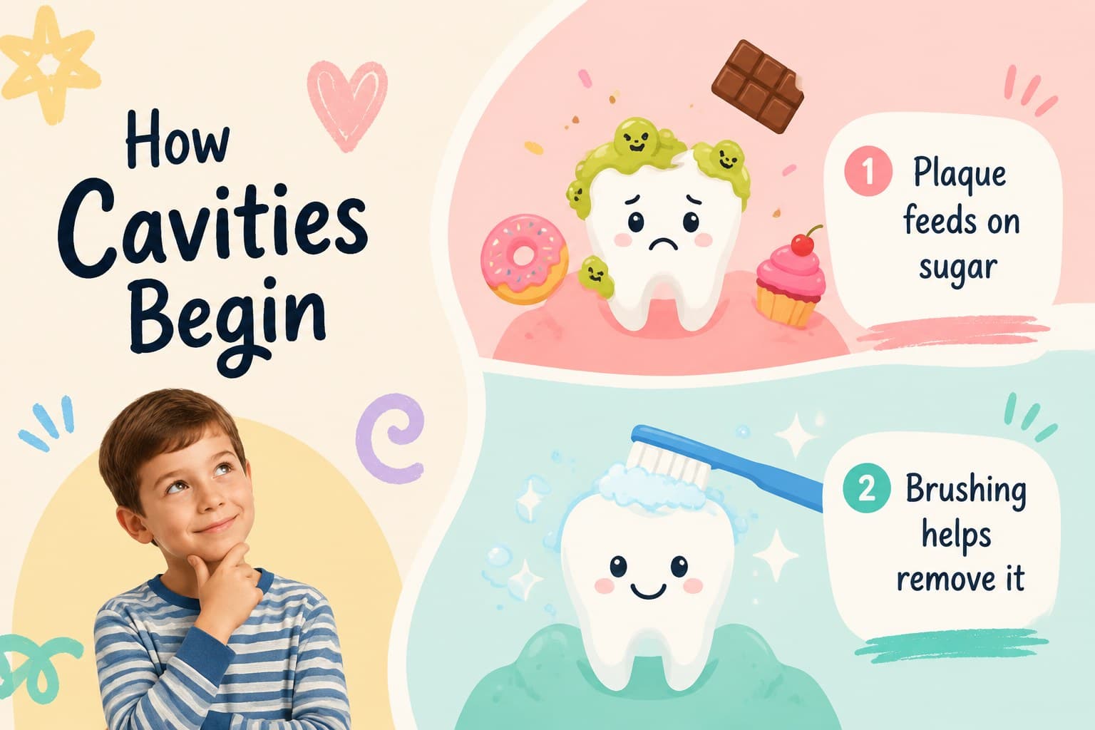 Tooth decay prevention slide comparing healthy choices and cavity-causing habits.