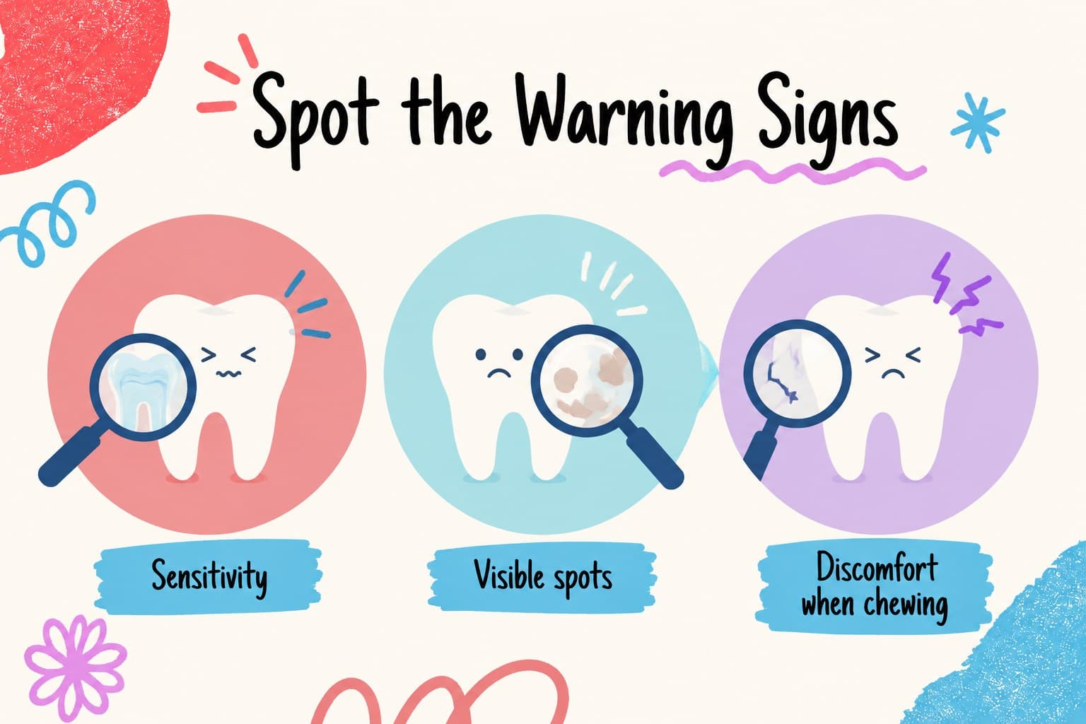 Cavity signs slide presenting simple visual indicators of tooth decay in children.