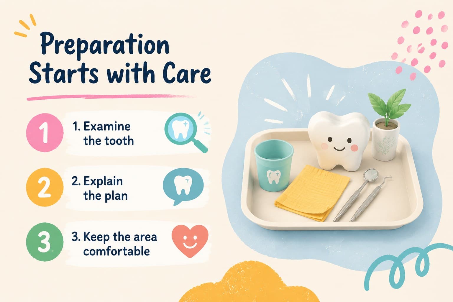 Cavity preparation process slide outlining the first steps in a child-friendly dental treatment sequence.