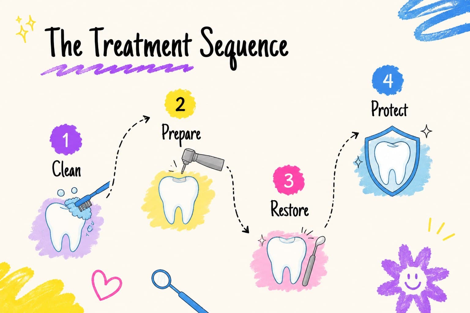 Step-by-step cavity preparation slide with numbered treatment actions and playful tooth illustrations.
