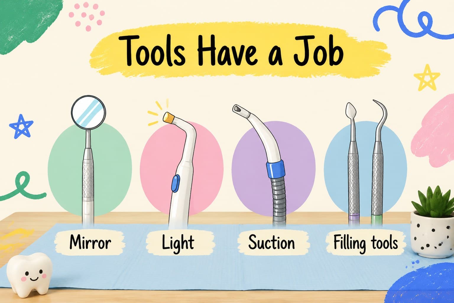Child-friendly dental tools slide identifying common instruments used during cavity preparation.