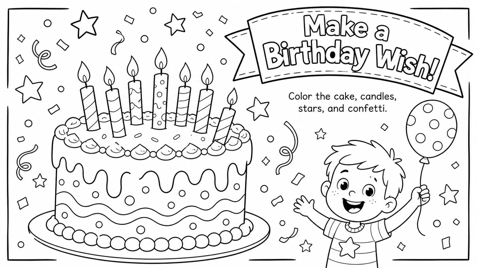 Birthday coloring page for classroom use featuring an outlined cake, candles, stars, and festive confetti.