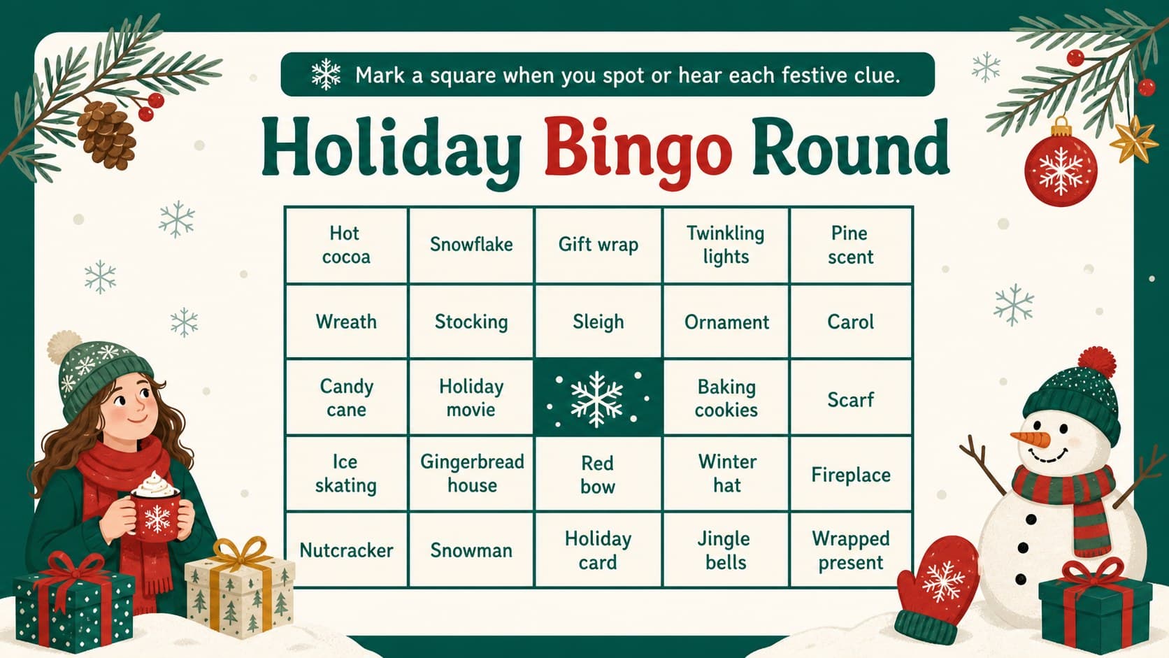 Editable holiday bingo worksheet slide showing a festive green grid with illustrated winter icons and customizable prompts.