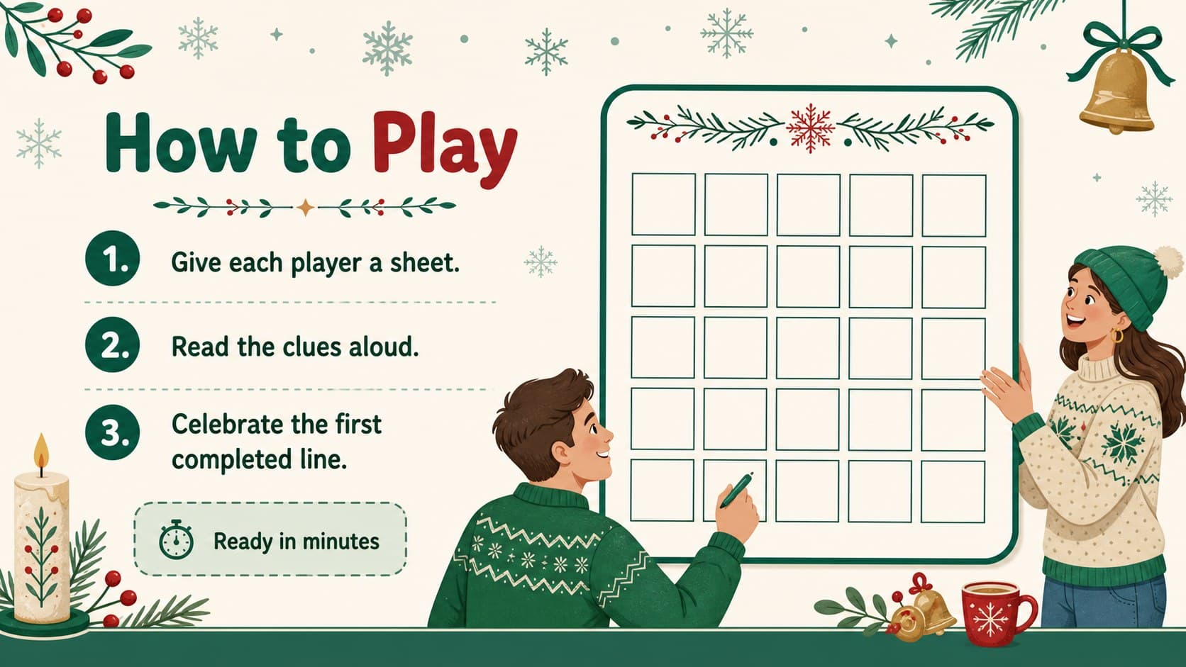 Christmas classroom game template slide with an illustrated instruction layout, green accents, and a large editable activity card.