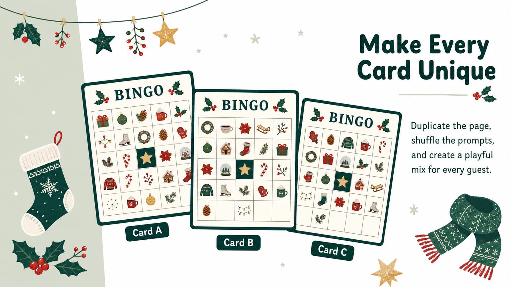 Editable winter bingo card collection slide displaying multiple green-and-white cards for a family Christmas party game.