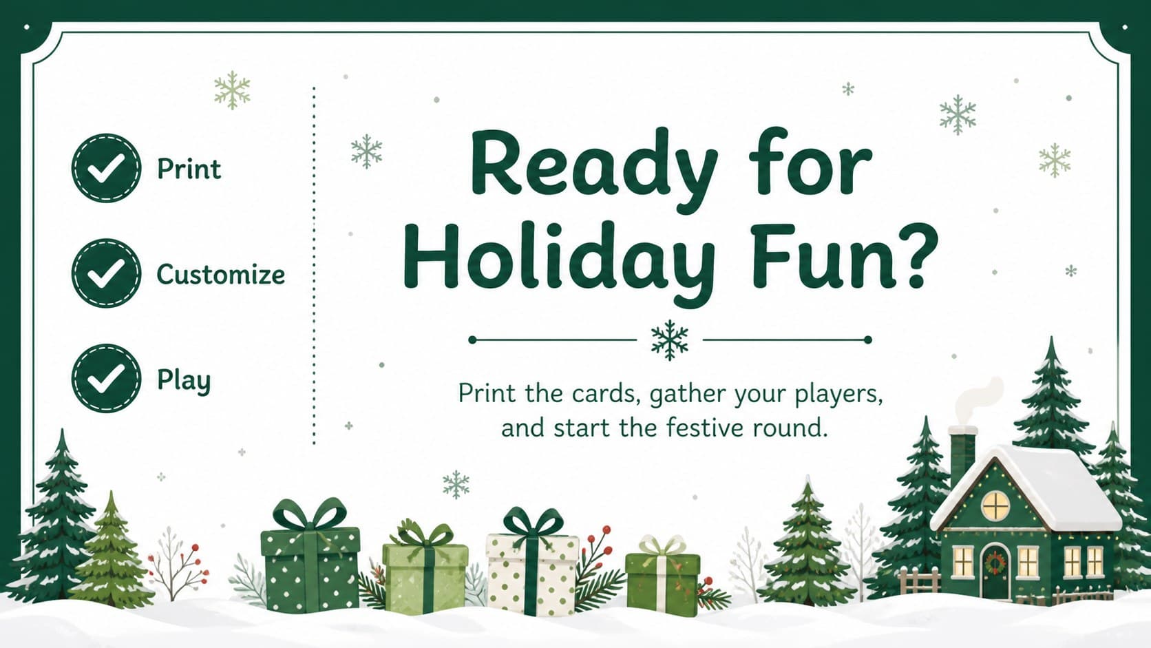 Closing slide for a printable Christmas bingo activity featuring a festive green checklist and a cheerful winter celebration message.