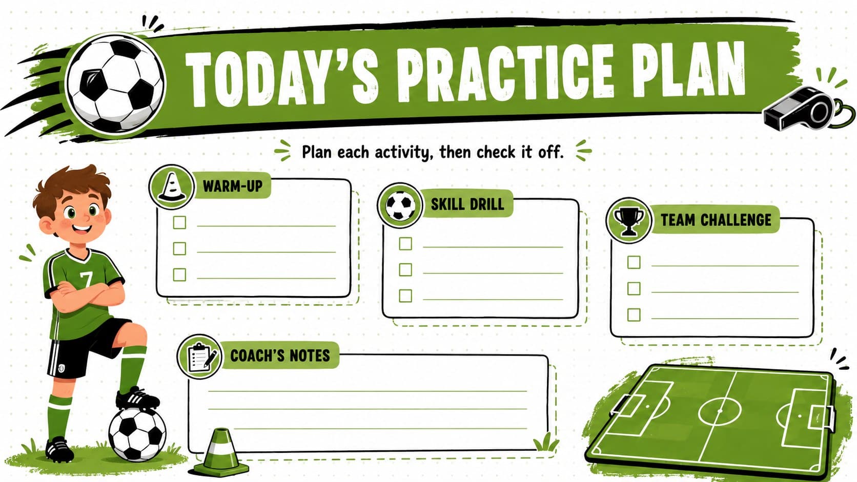 Youth soccer practice planner with spaces for warm-up drills, skill work, and a team challenge.