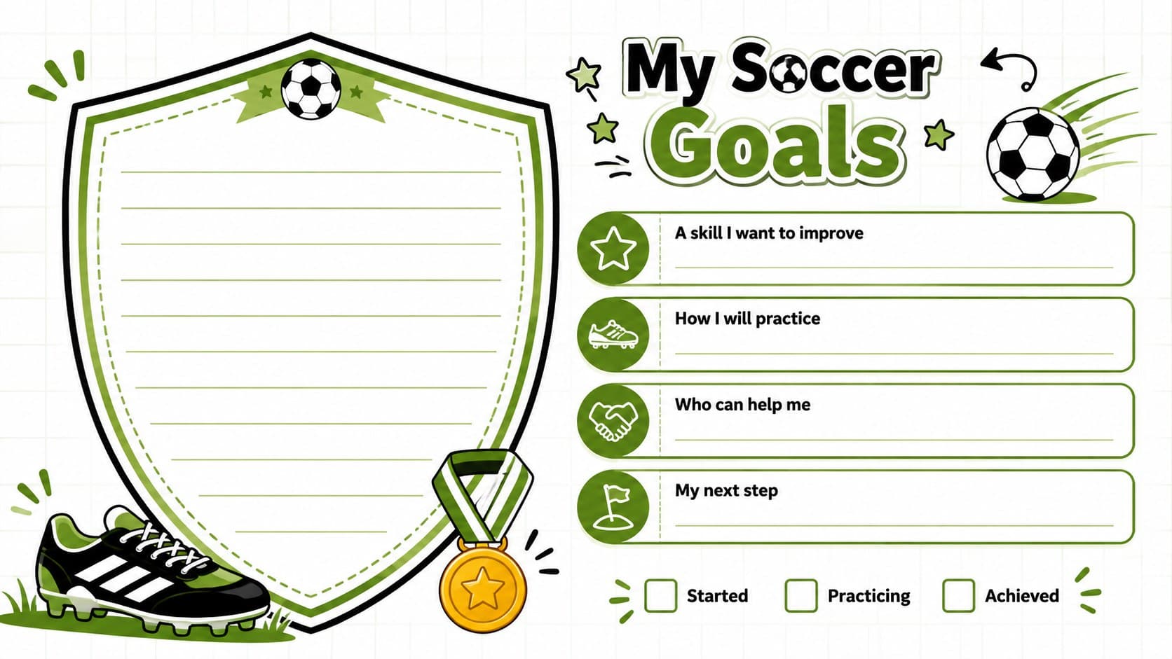 Soccer player reflection sheet with goal-setting prompts and progress checkboxes.