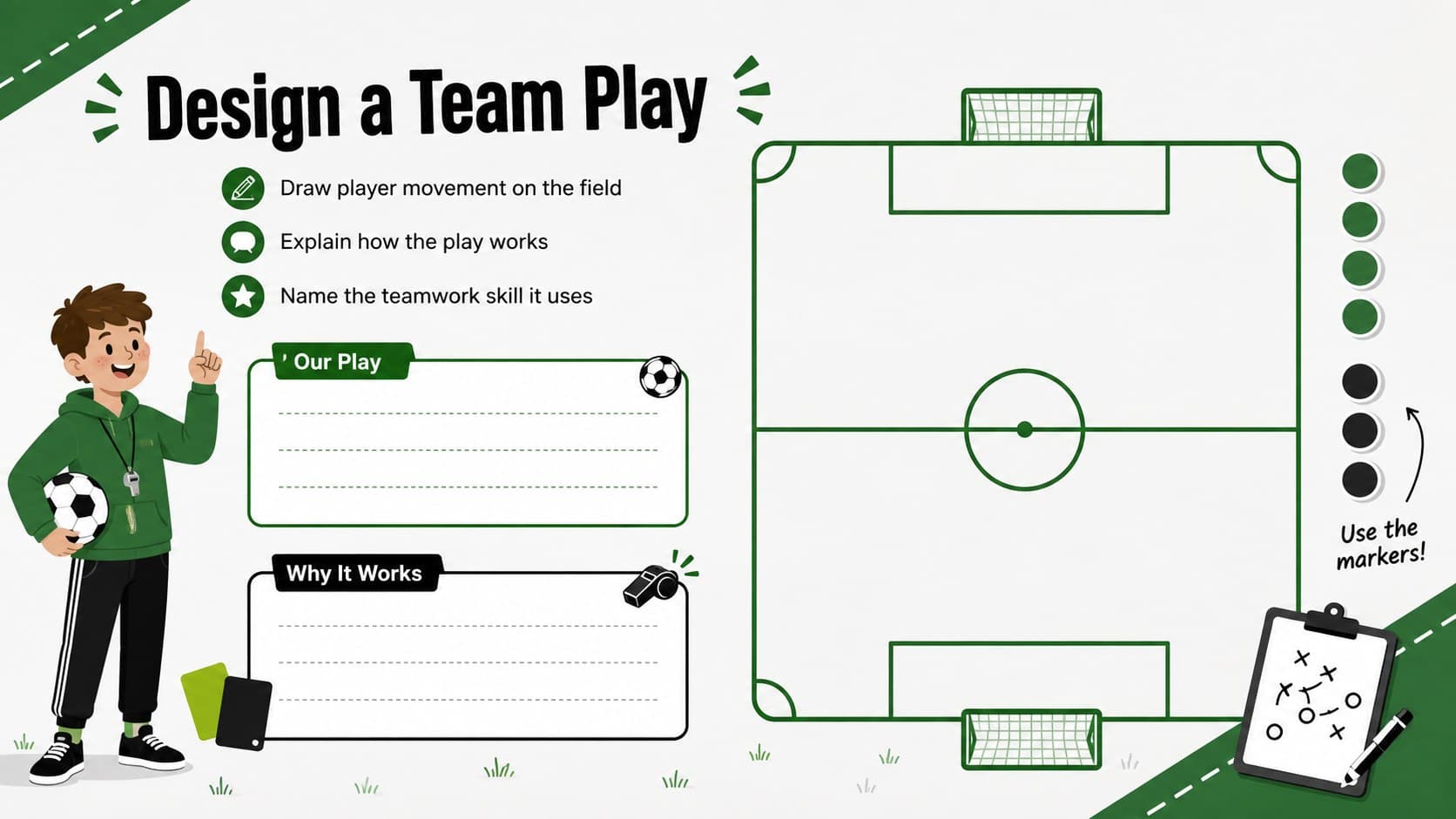 Football themed classroom activity page for drawing a play and explaining the teamwork behind it.