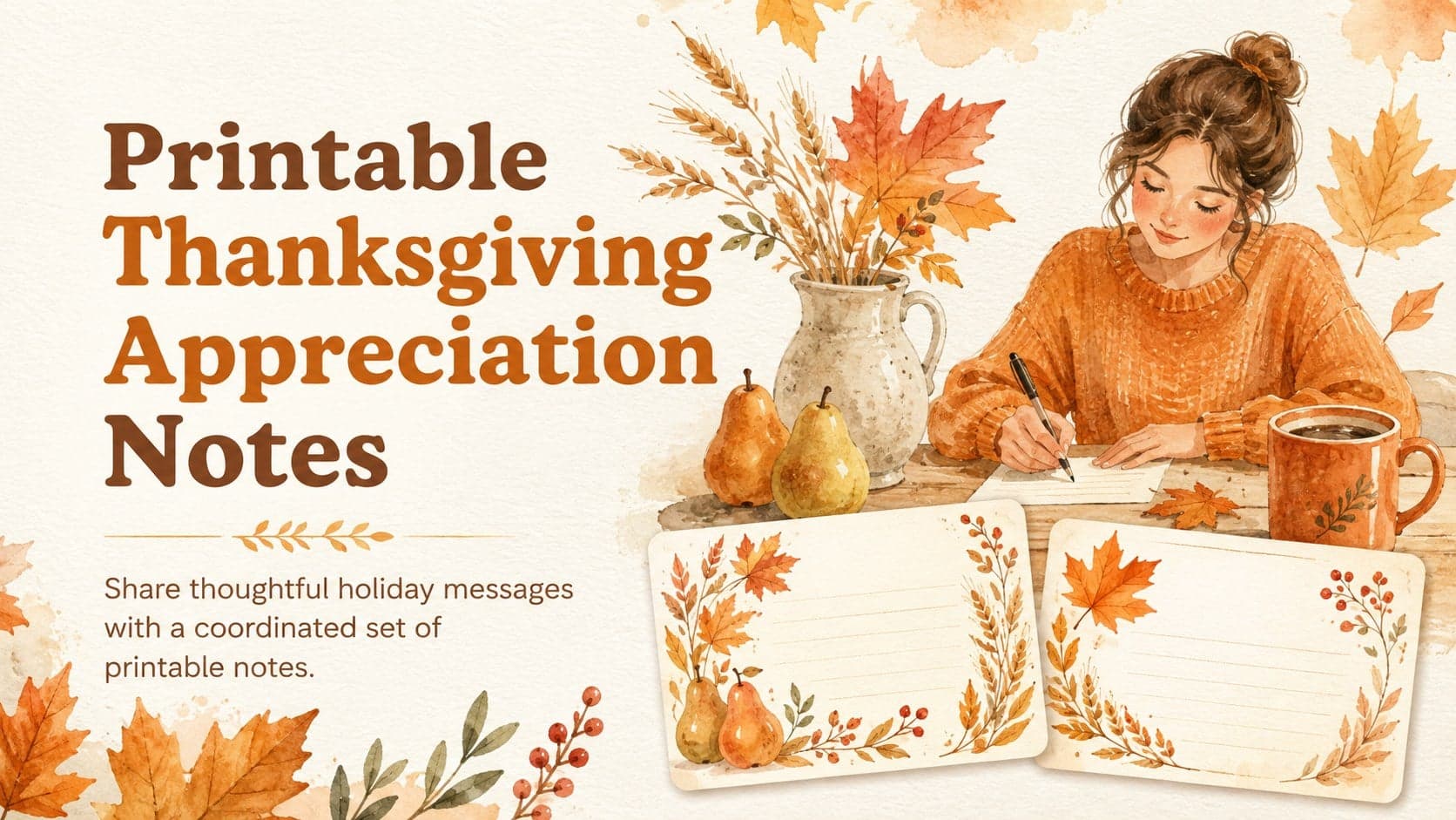 Cover preview for Printable Thanksgiving Appreciation Notes with orange watercolor foliage and illustrated holiday stationery.