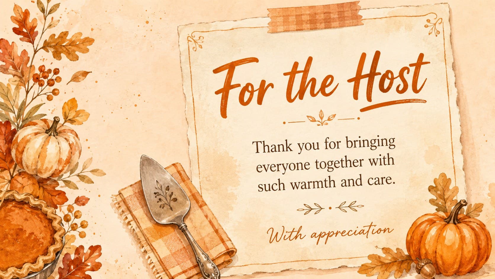 Orange watercolor Thanksgiving host appreciation card with a warm message and autumn table illustrations.