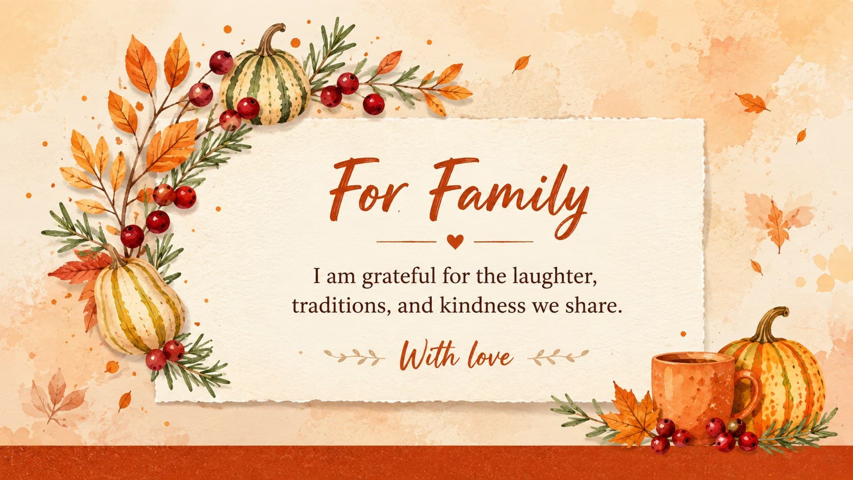 Family Thanksgiving gratitude card featuring an orange watercolor wreath and an editable appreciation message.