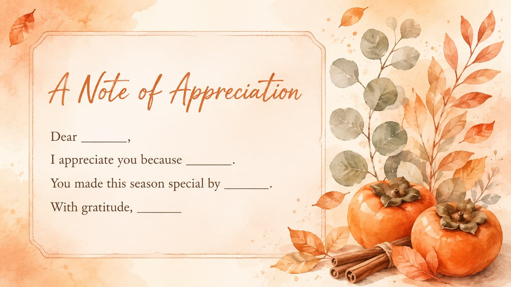 Customizable printable gratitude note for Thanksgiving with orange watercolor branches and writing prompts.