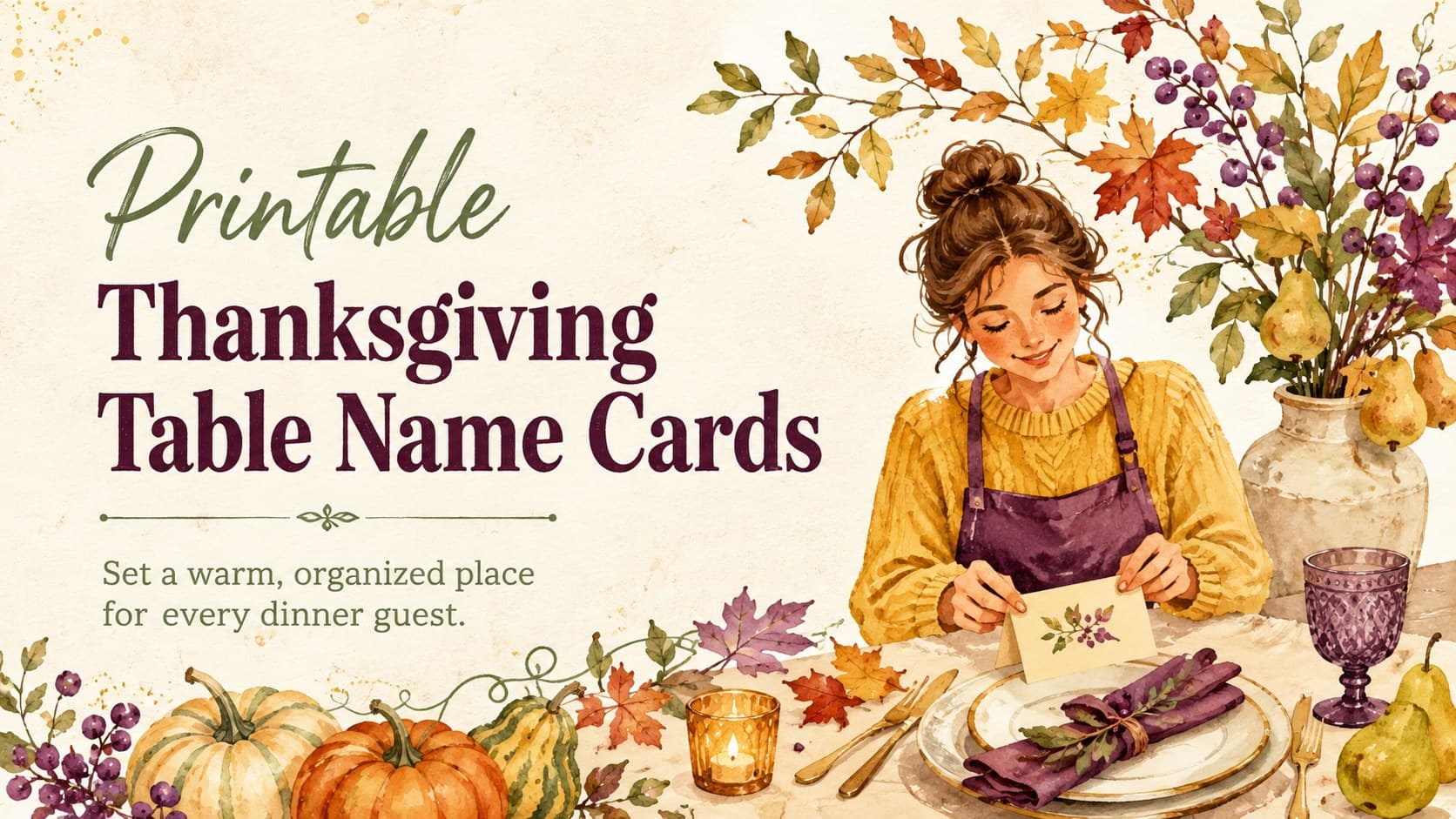 Cover preview for Printable Thanksgiving Table Name Cards with colorful harvest leaves and hand-painted seasonal produce.