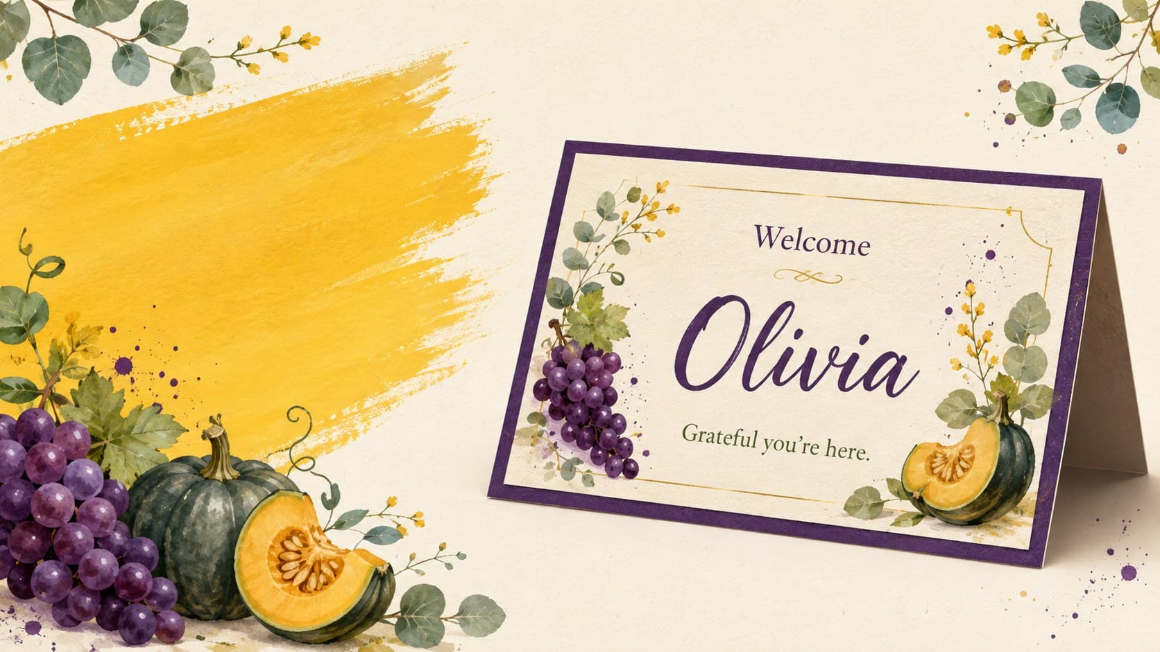 Editable Thanksgiving place card for Olivia framed by watercolor grapes, squash, and green leaves.