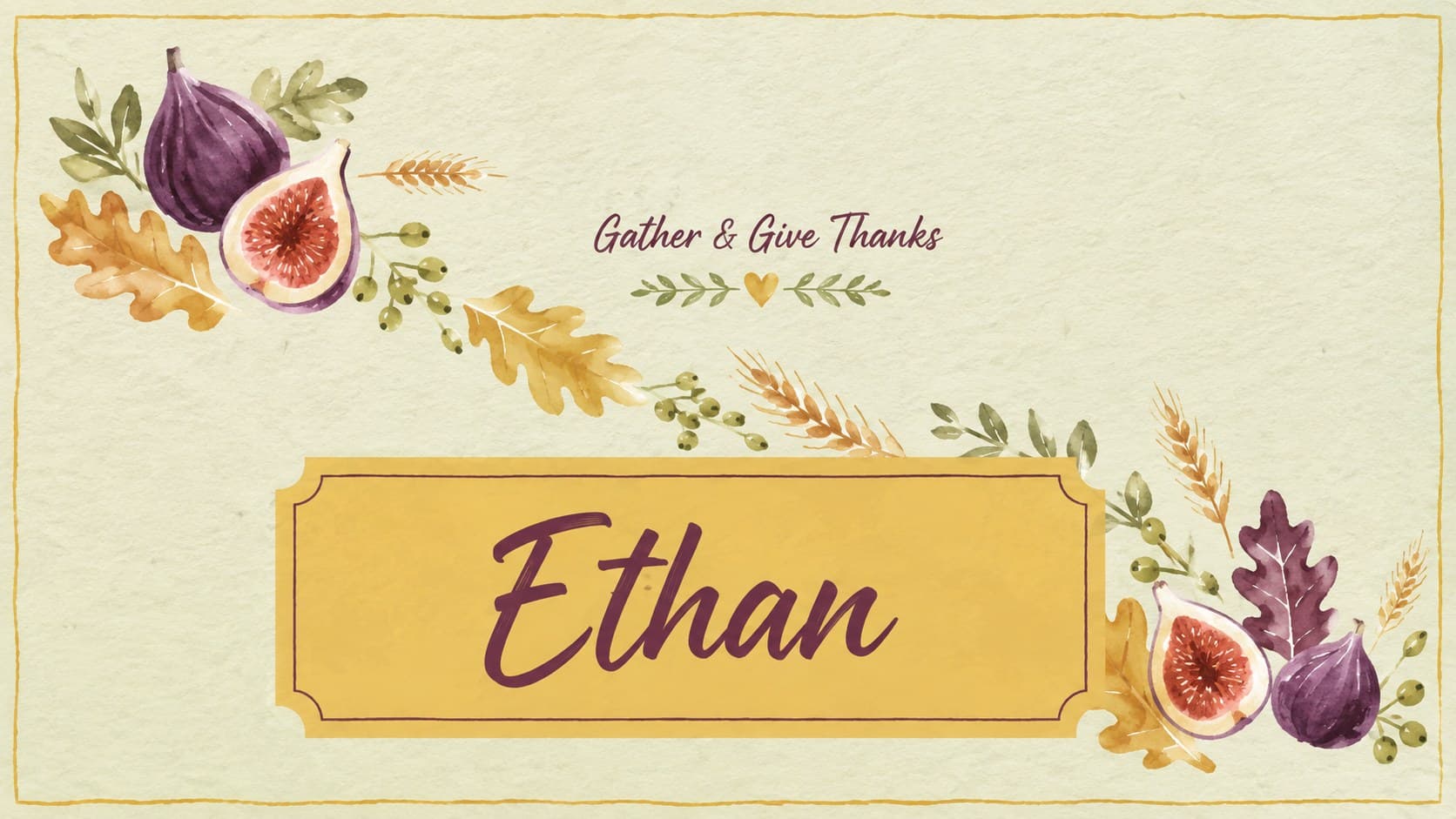 Printable harvest seating card for Ethan decorated with purple figs and golden autumn foliage.