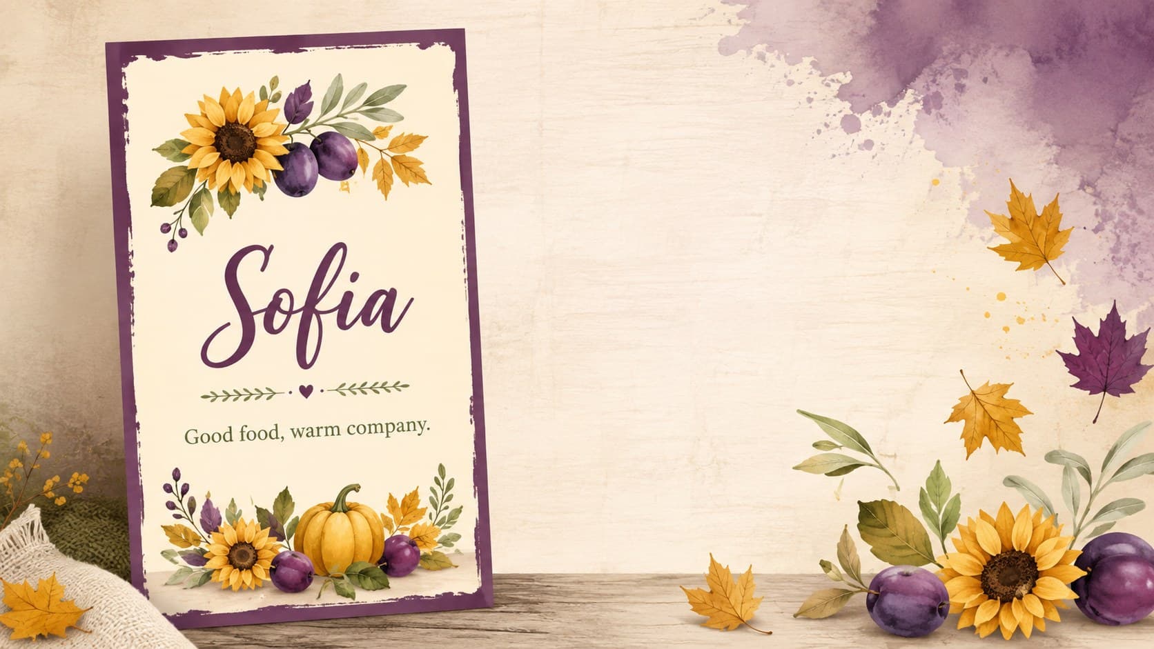 Rustic illustrated table name card for Sofia with sunflowers, plums, and scattered fall leaves.