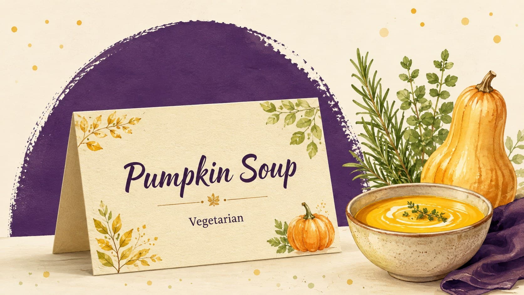 Thanksgiving buffet label card identifying pumpkin soup as vegetarian in a colorful watercolor design.
