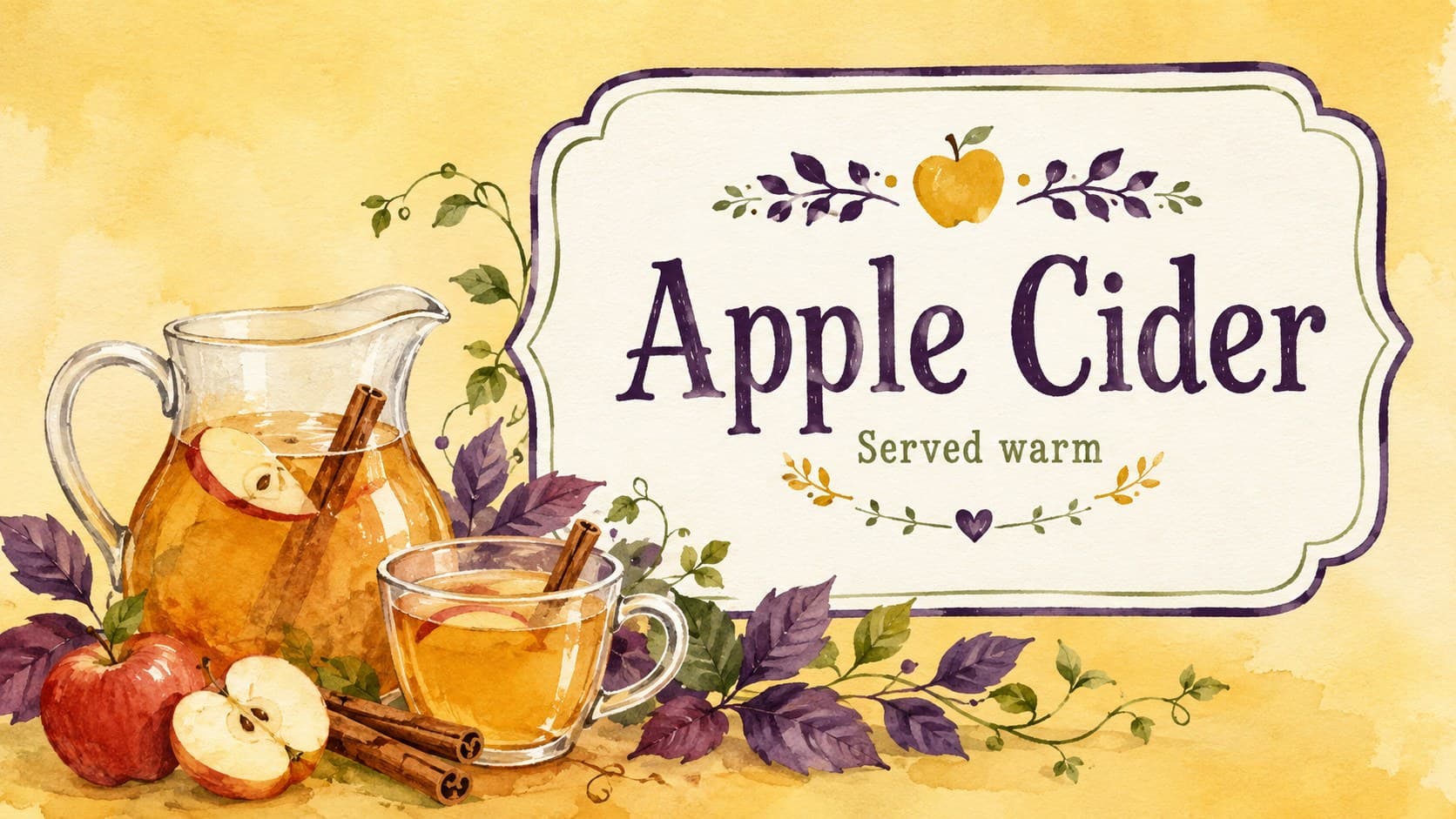 Thanksgiving beverage label for warm apple cider surrounded by apples, cinnamon, and purple leaves.