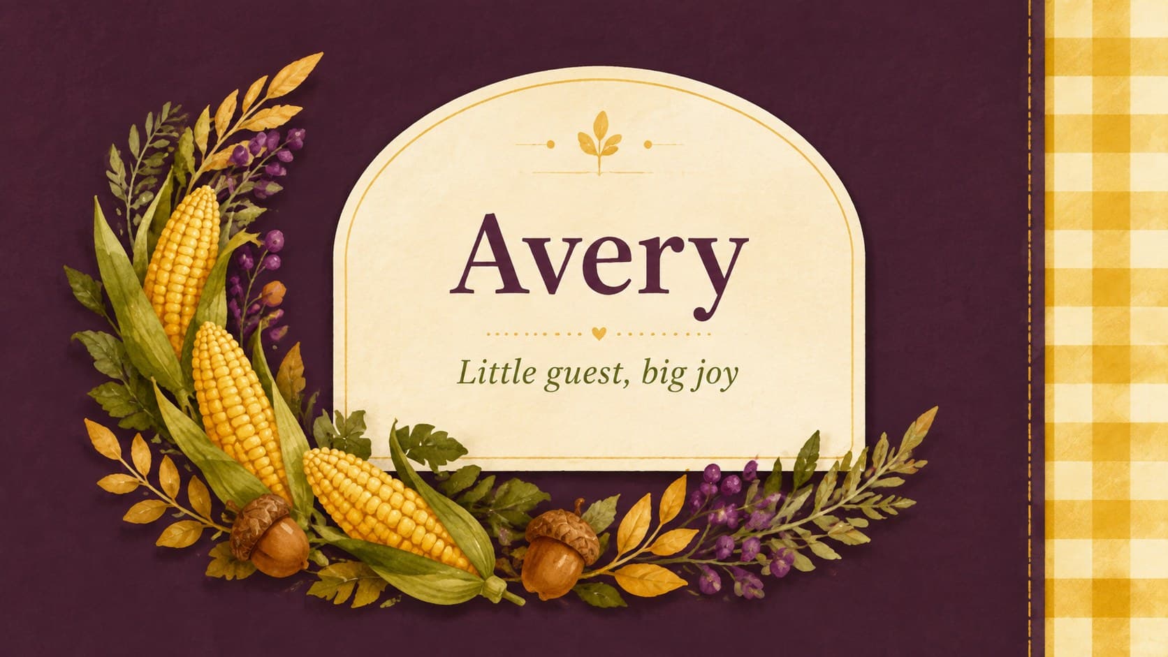 Playful Friendsgiving place card for Avery with acorns, corn, berries, and colorful autumn foliage.
