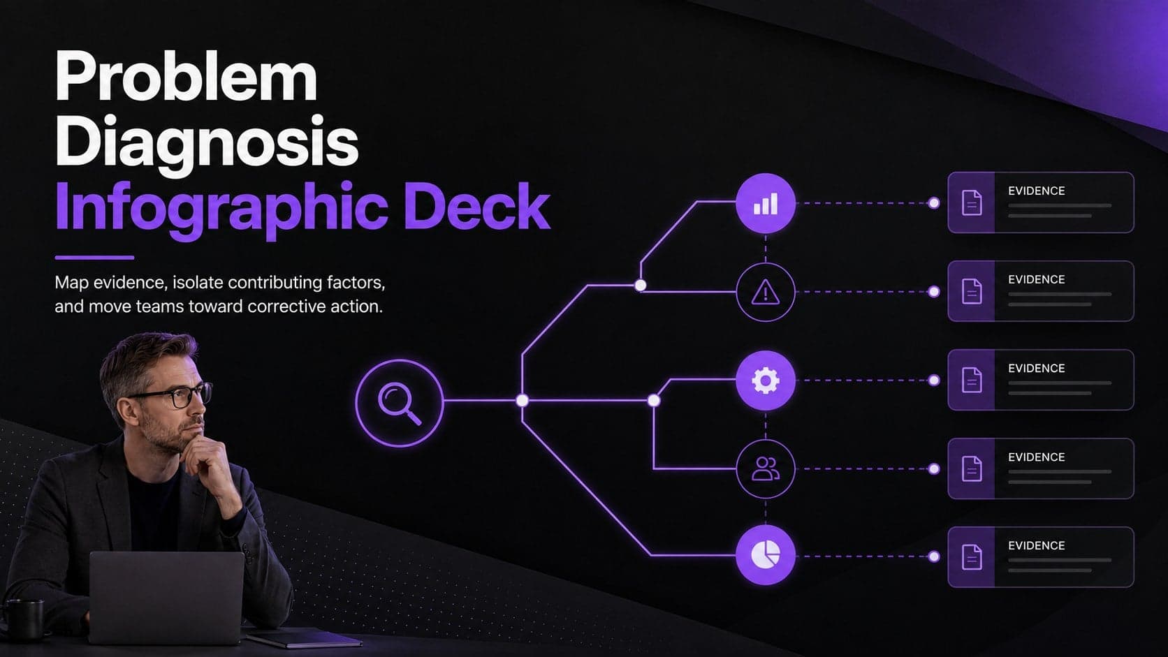 Cover of a black and purple problem diagnosis infographic deck with a structured cause-mapping motif.