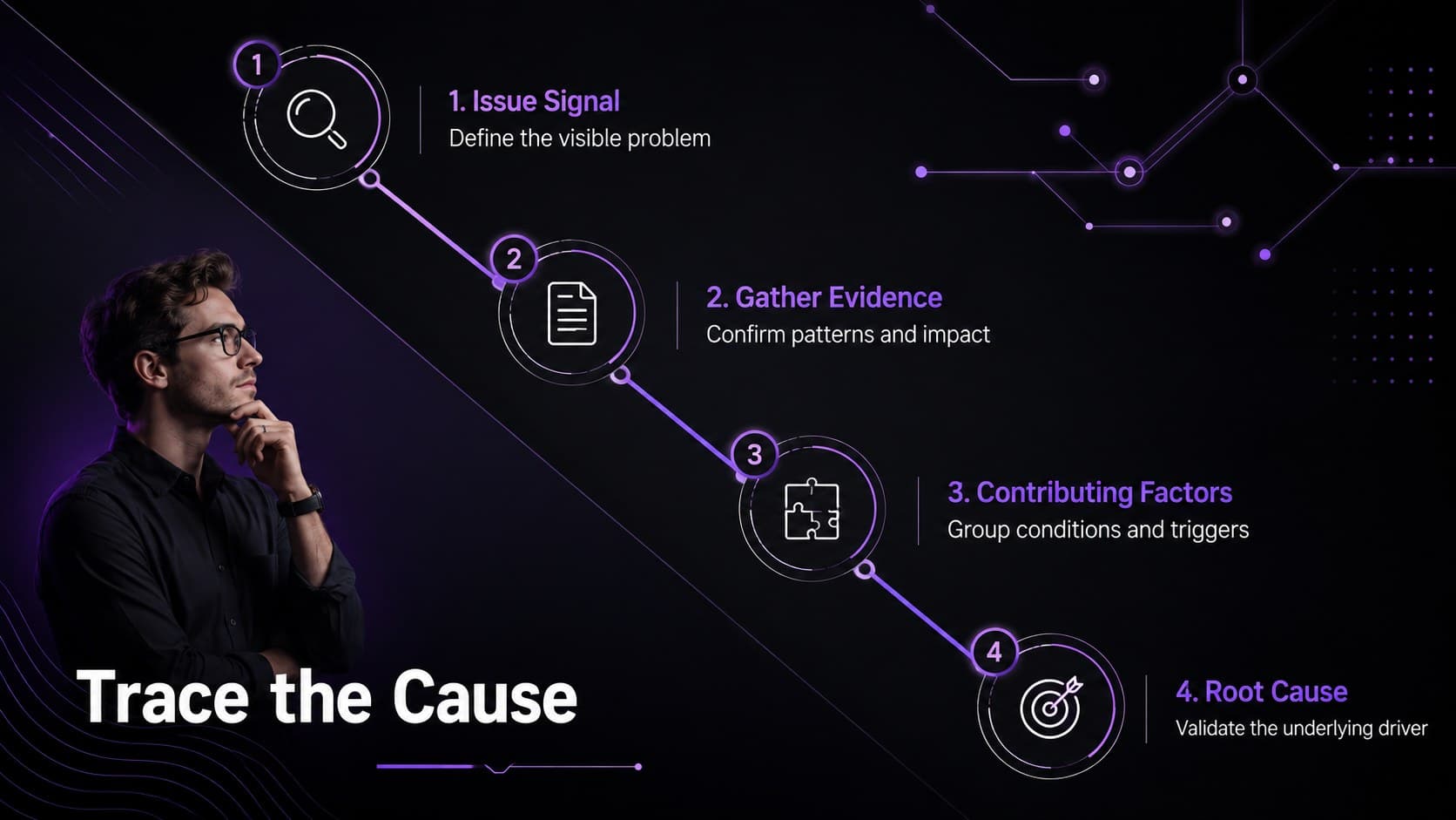 Root cause investigation slide showing a four-stage path from issue signal to verified cause.