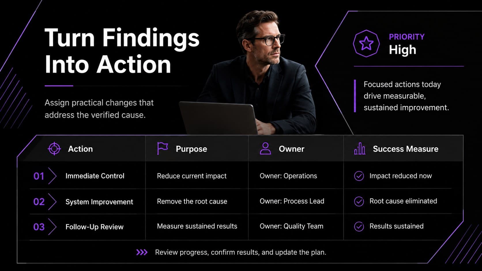 Corrective action planning presentation slide comparing actions by priority, owner, and success measure.