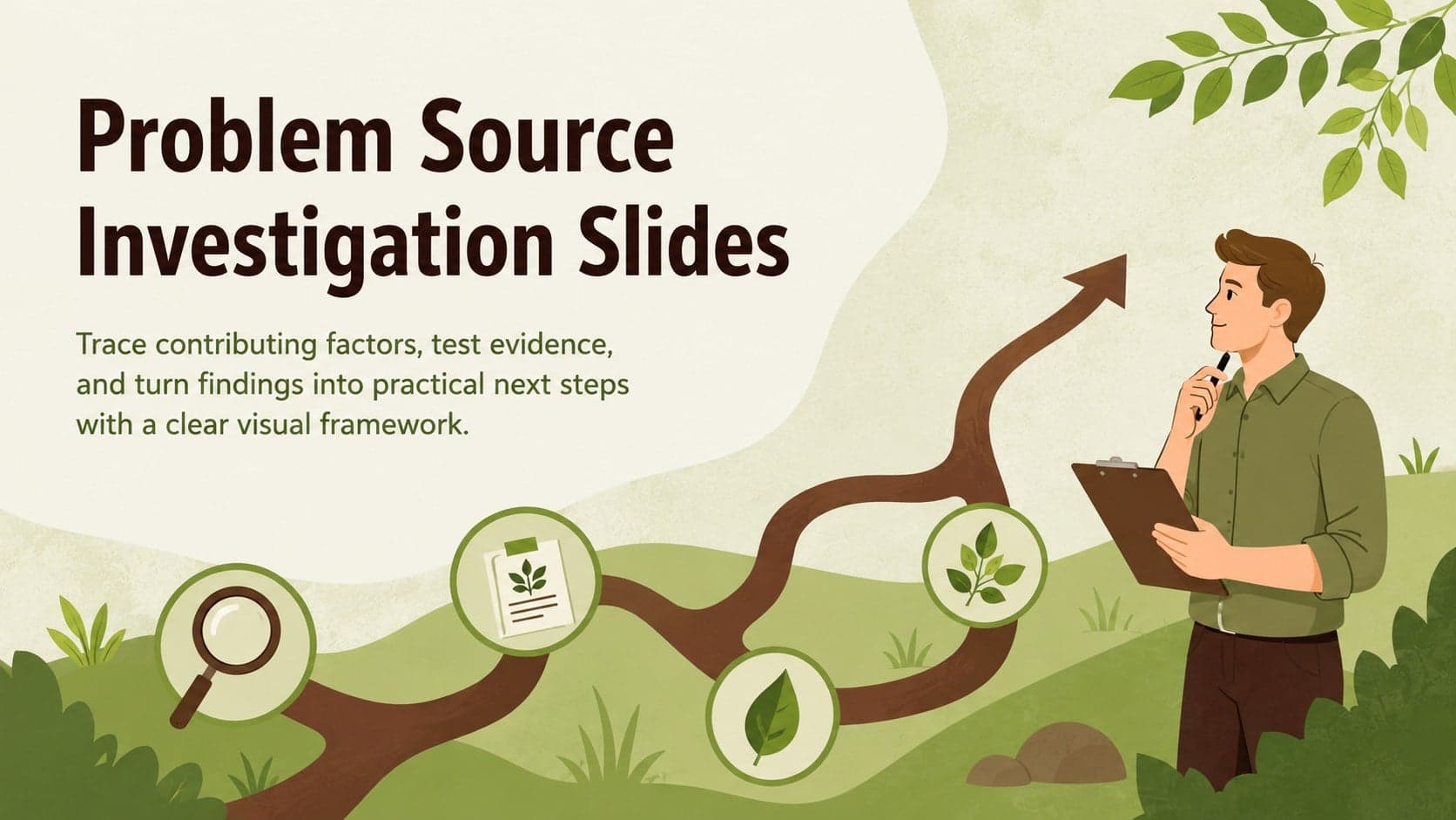 Cover for Problem Source Investigation Slides with earthy green and brown investigative illustrations.