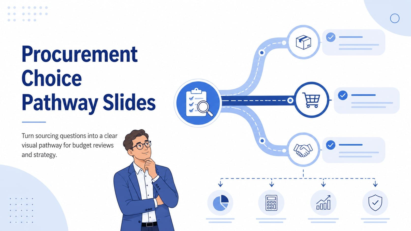 Blue illustrated cover showing procurement choice pathway slides with branching sourcing graphics and a concise subtitle.