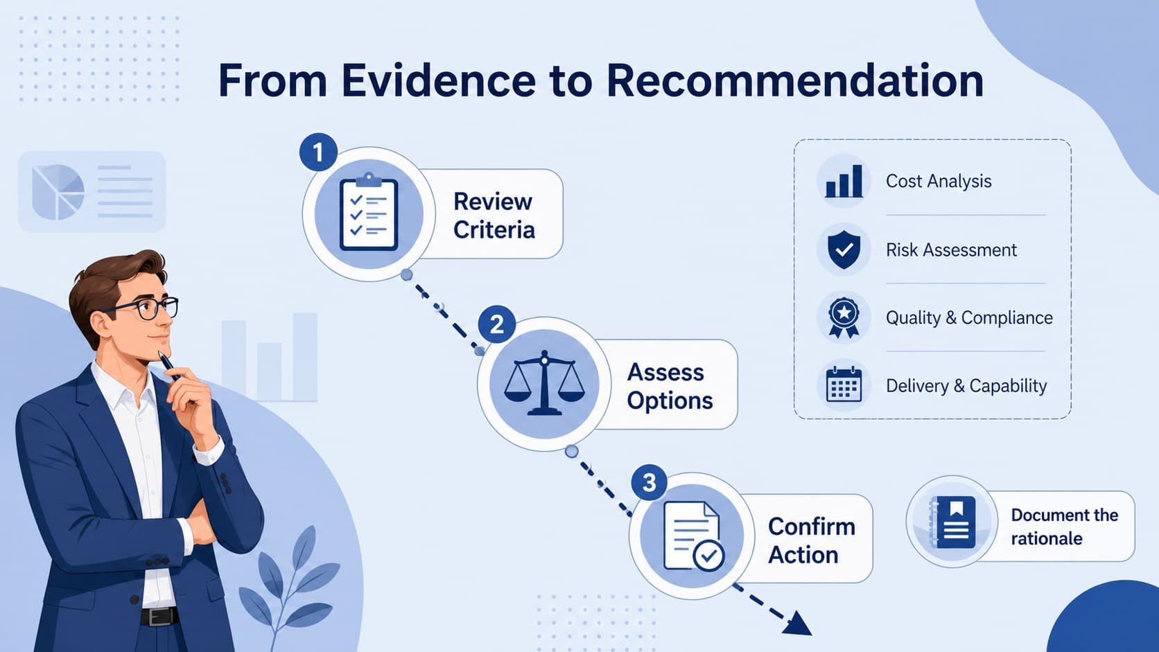 Blue sourcing options infographic showing a step-by-step procurement recommendation and final action point.