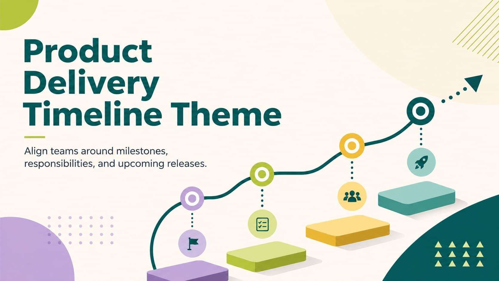Cover for a colorful Product Delivery Timeline Theme with green, yellow, and purple geometric graphics.