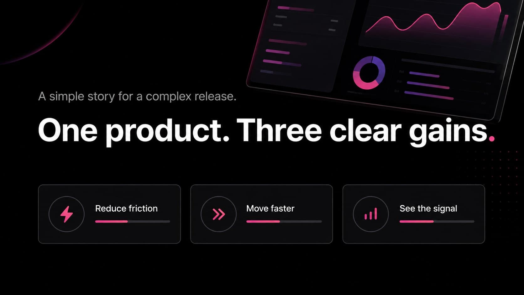 Black product overview slide presenting a concise launch narrative with modular content cards.