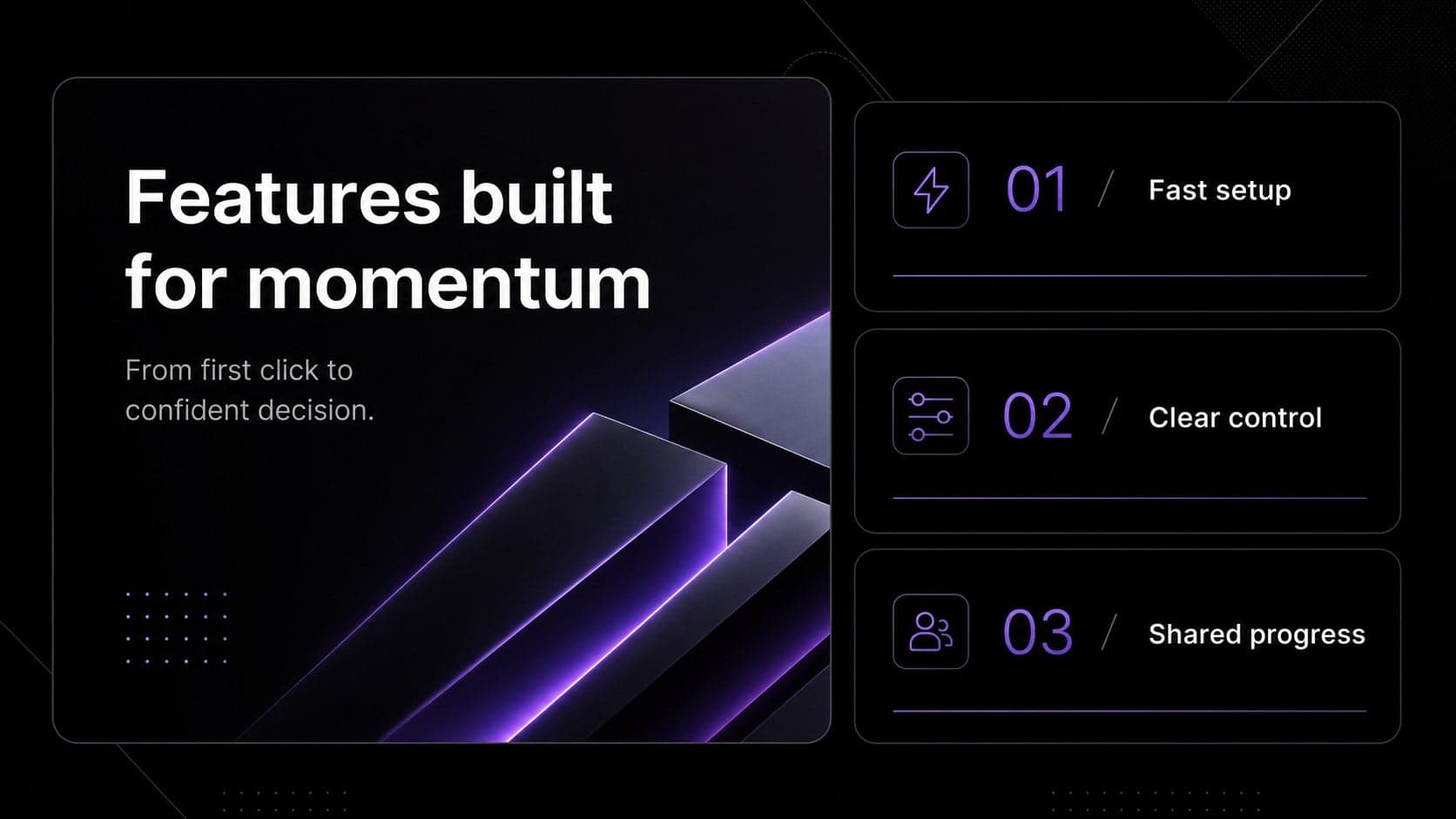 Dark feature showcase slide highlighting three product capabilities in a bento grid.
